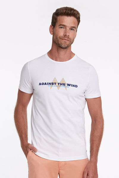 Baskı Logolu Kırık Beyaz Bisiklet Yaka T-Shirt