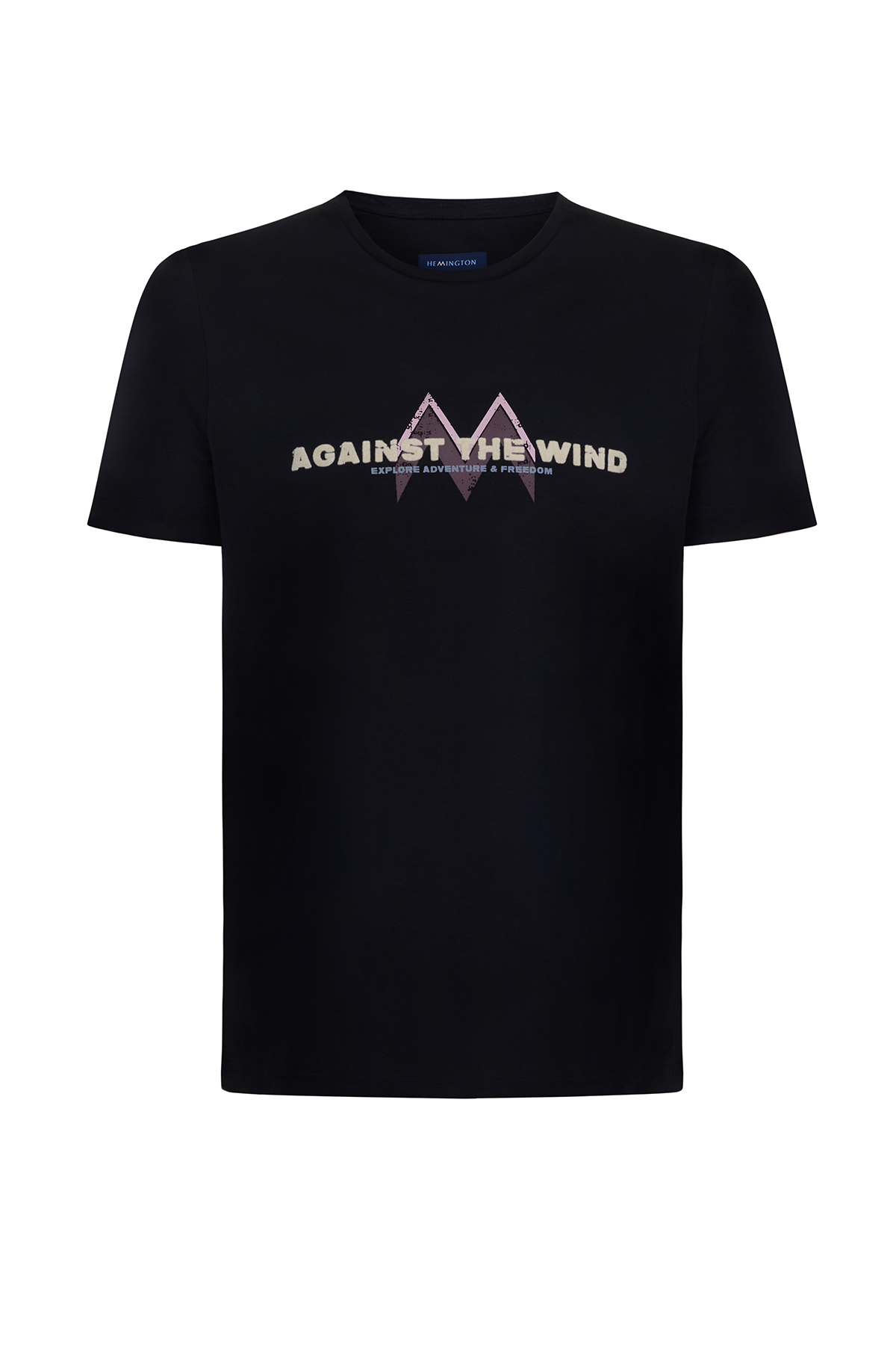 Baskı Logolu Siyah Bisiklet Yaka T-Shirt