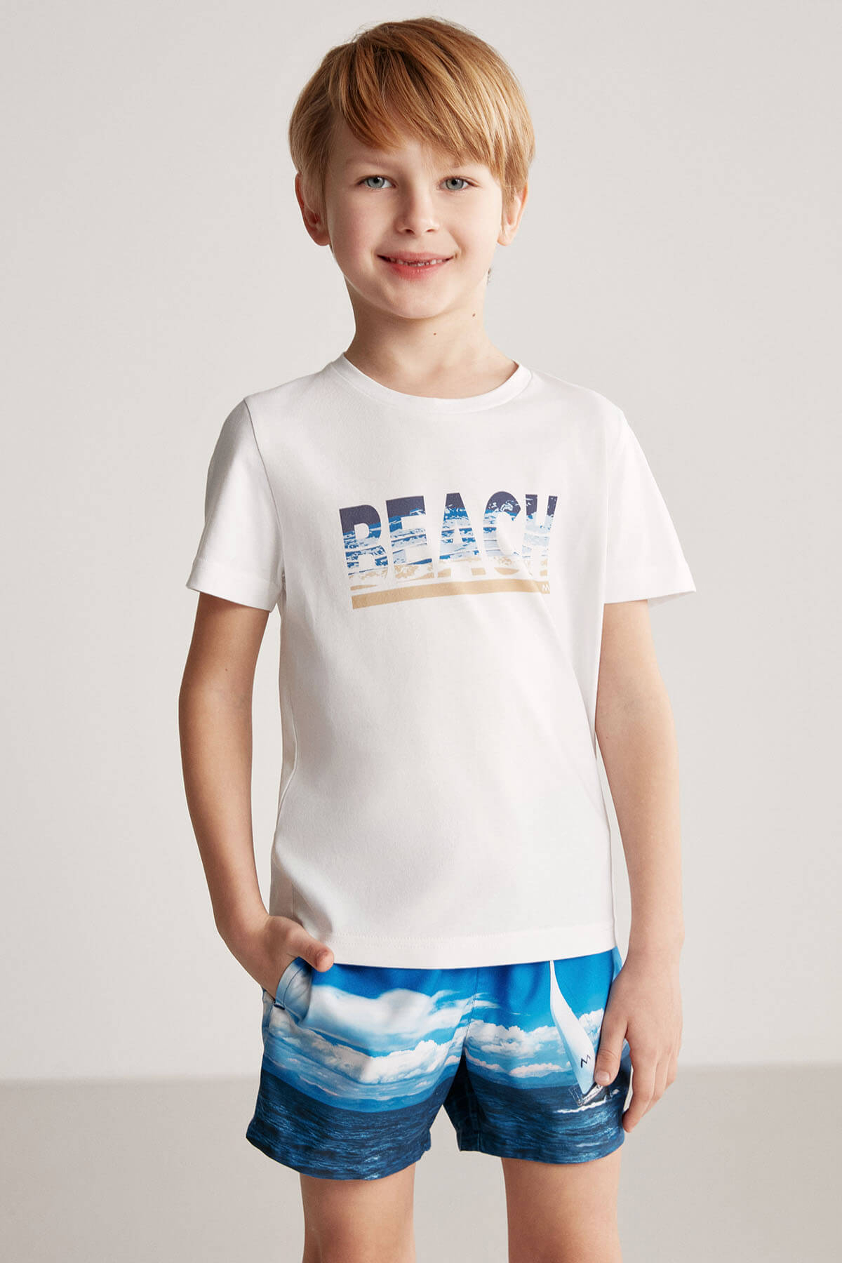 Beach Baskılı Beyaz Pima Pamuk Çocuk T-Shirt