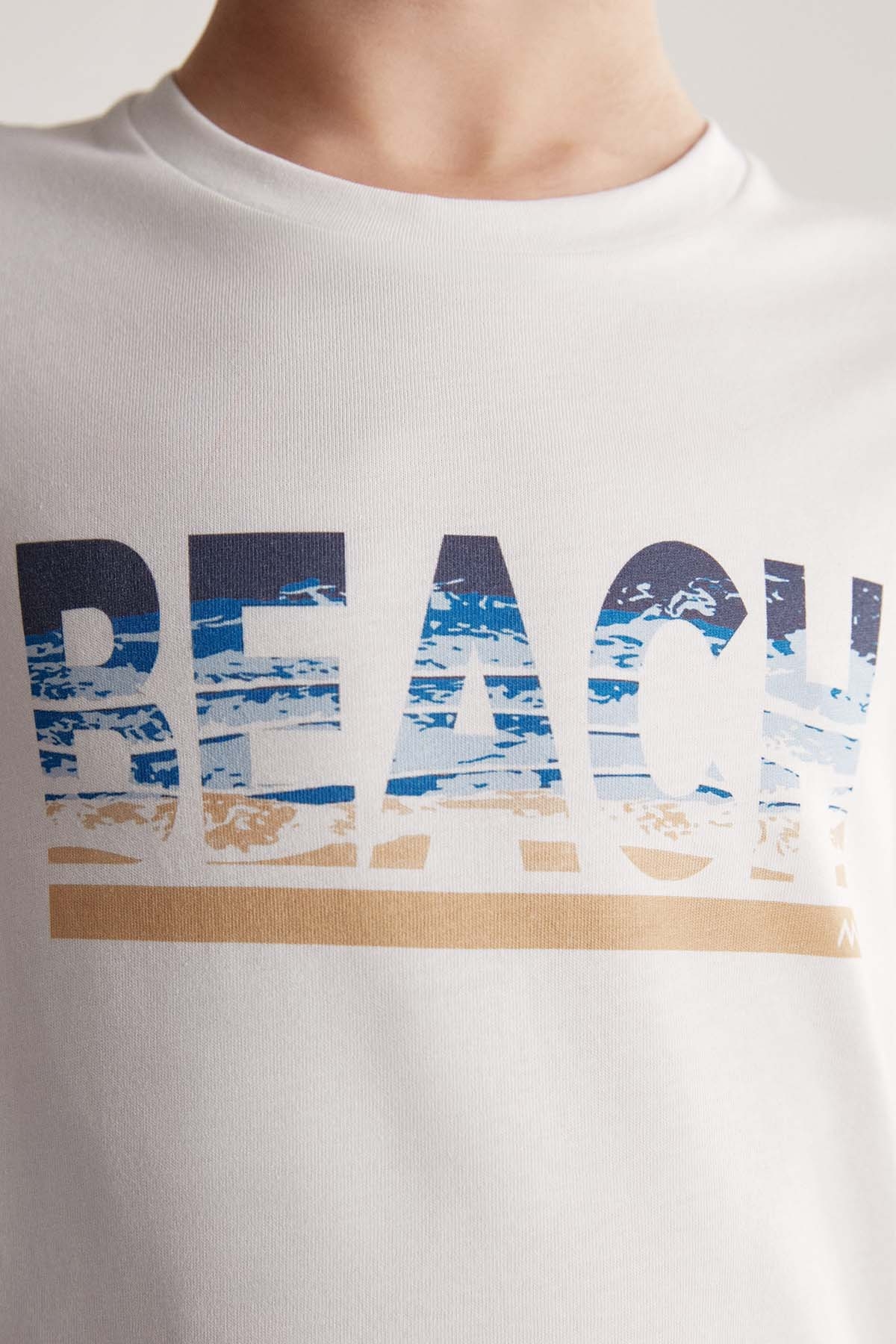Beach Baskılı Beyaz Pima Pamuk Çocuk T-Shirt