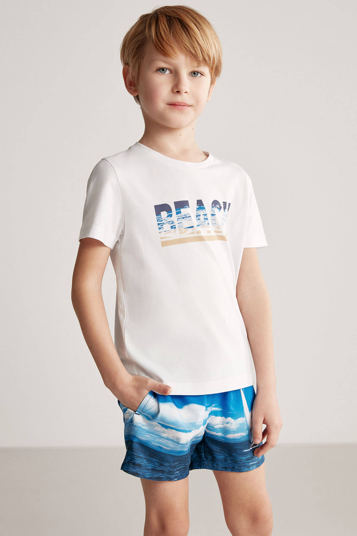 Beach Baskılı Beyaz Pima Pamuk Çocuk T-Shirt