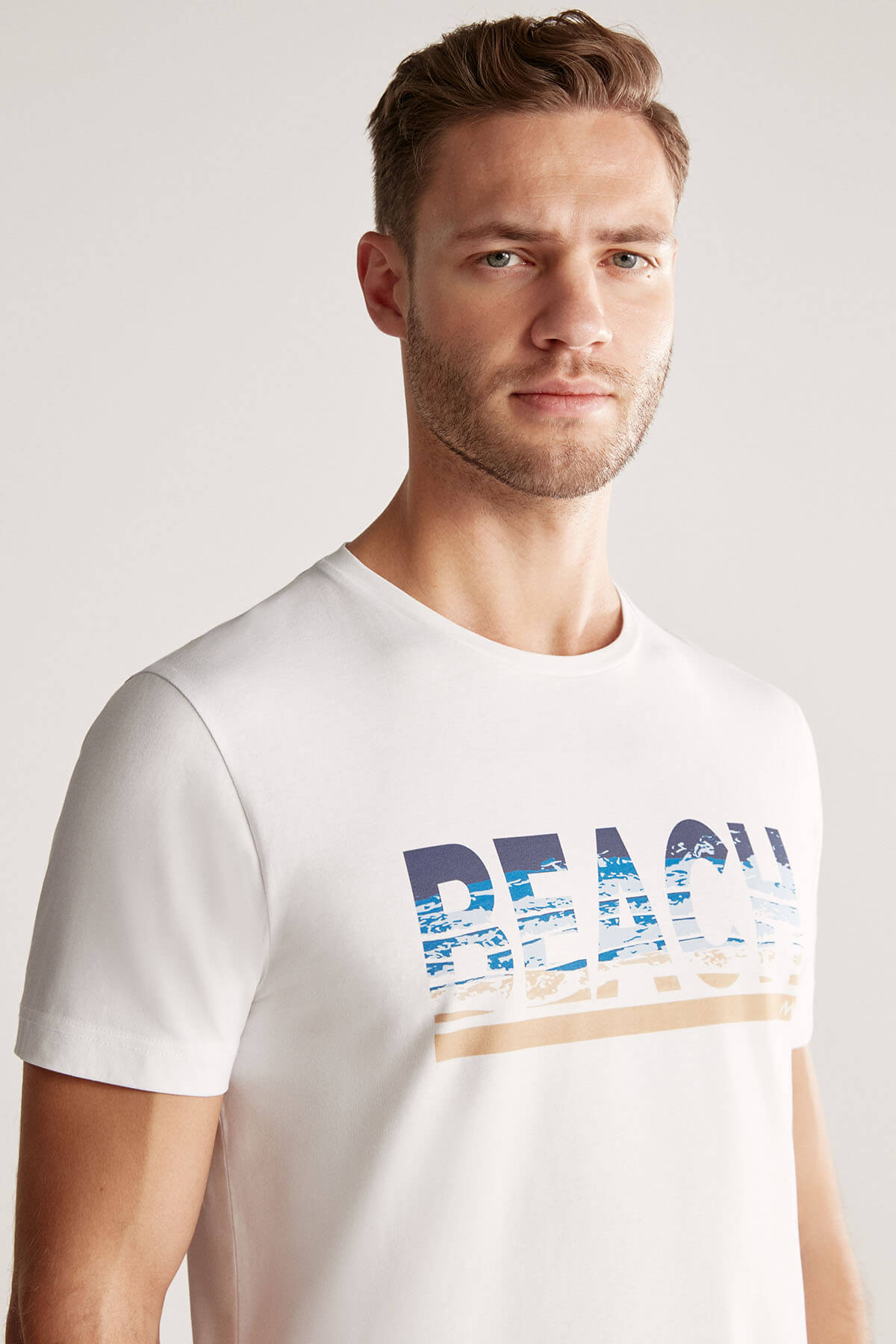 Beach Baskılı Beyaz Pima Pamuk T-Shirt