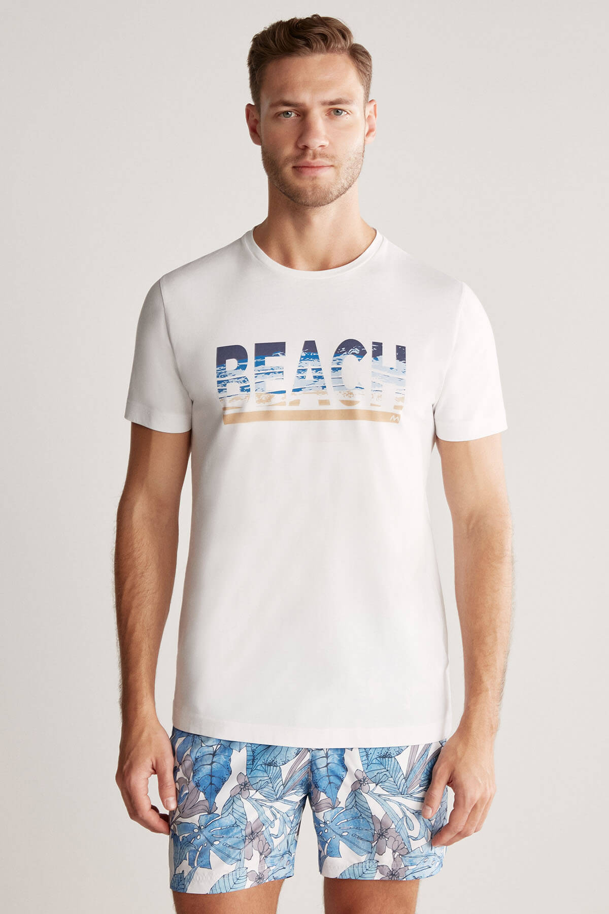 Beach Baskılı Beyaz Pima Pamuk T-Shirt