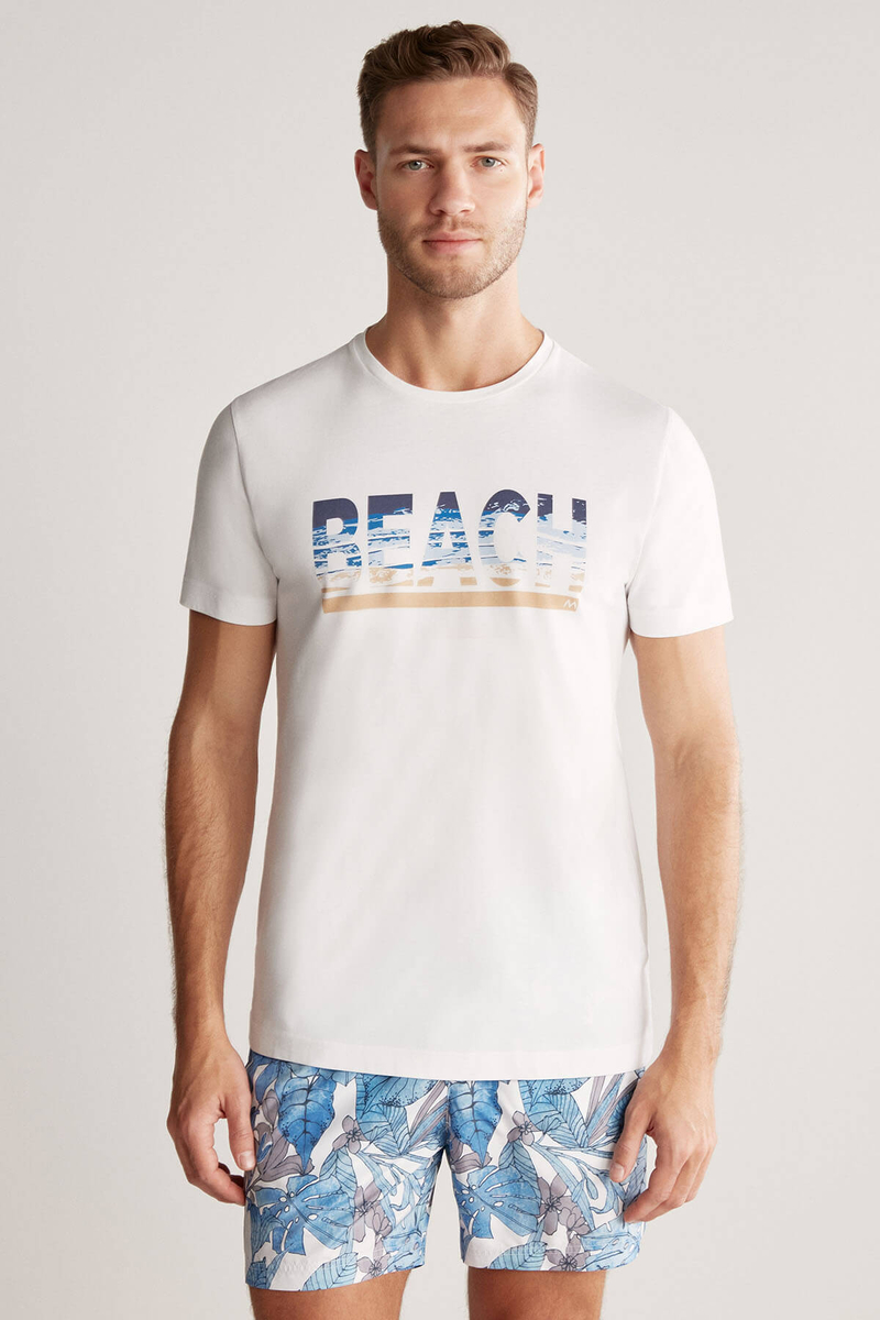 Hemington Beach Baskılı Beyaz Pima Pamuk T-Shirt. 3