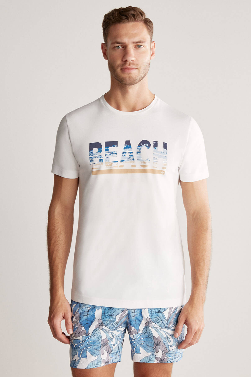 Hemington Beach Baskılı Beyaz Pima Pamuk T-Shirt. 3 Hemington Beach Baskılı Beyaz Pima Pamuk T-Shirt. 3
