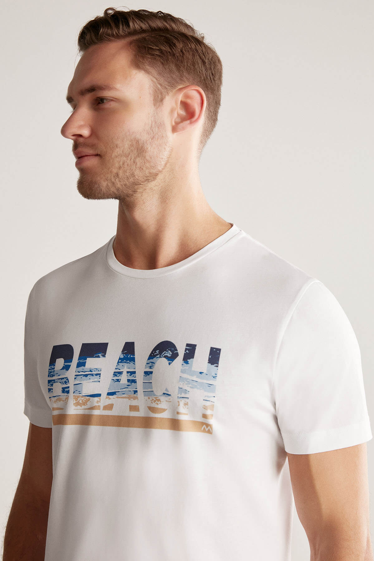 Beach Baskılı Beyaz Pima Pamuk T-Shirt