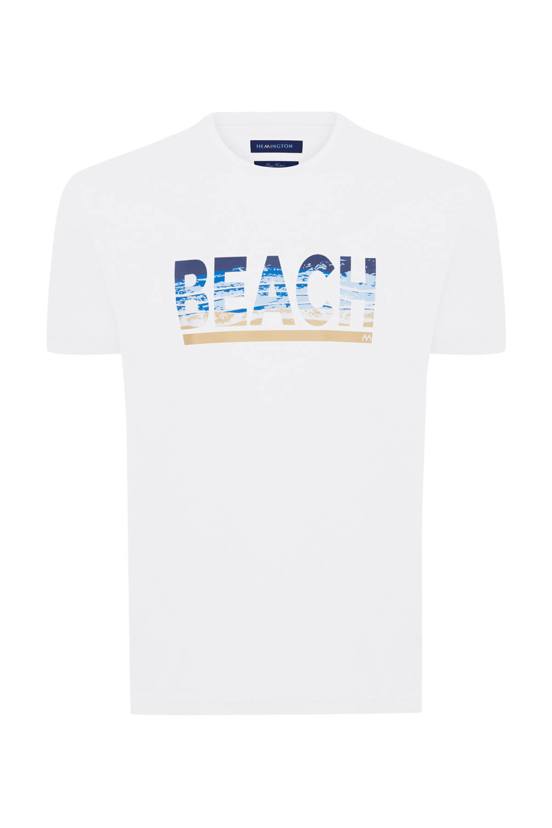 Hemington Beach Baskılı Beyaz Pima Pamuk T-Shirt. 8