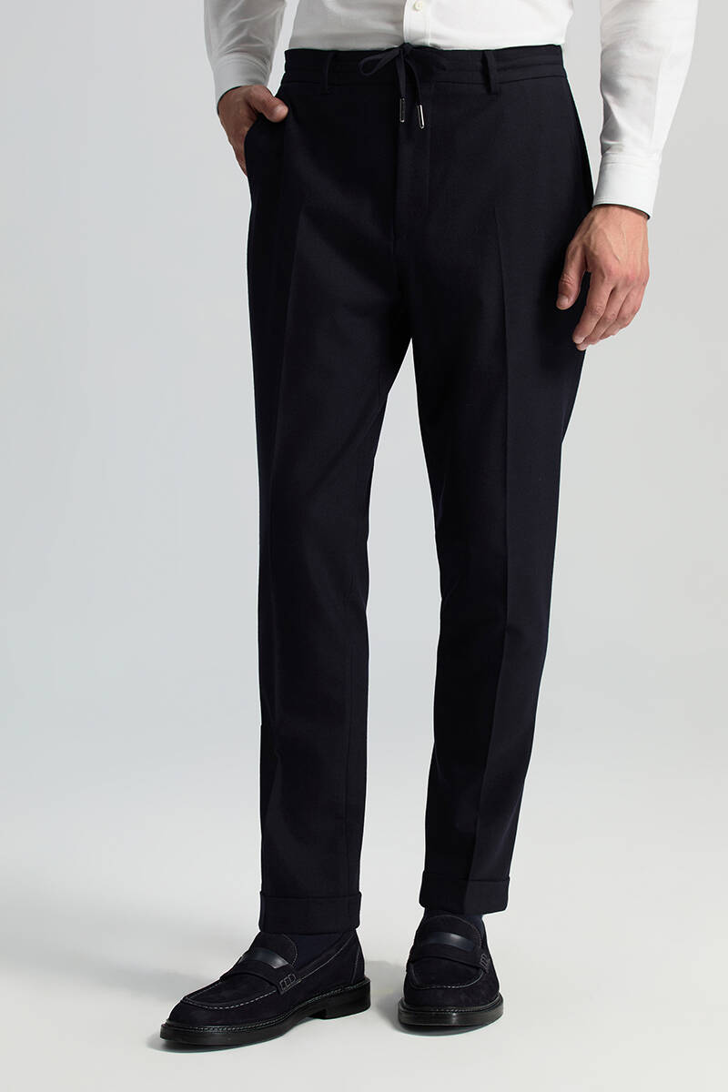 Beli Bağcıklı Lacivert Yün Chino Jogger Pantolon