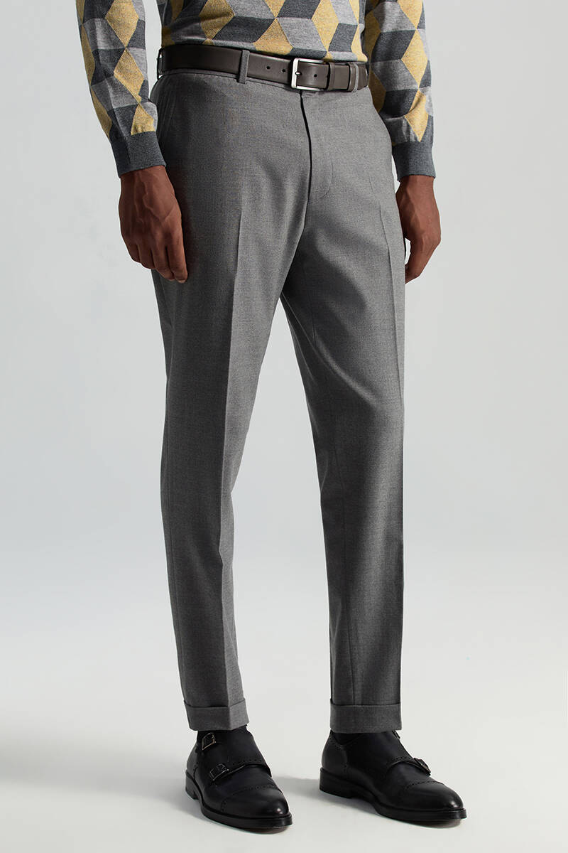 Beli Bağcıklı Orta Gri Yün Chino Jogger Pantolon