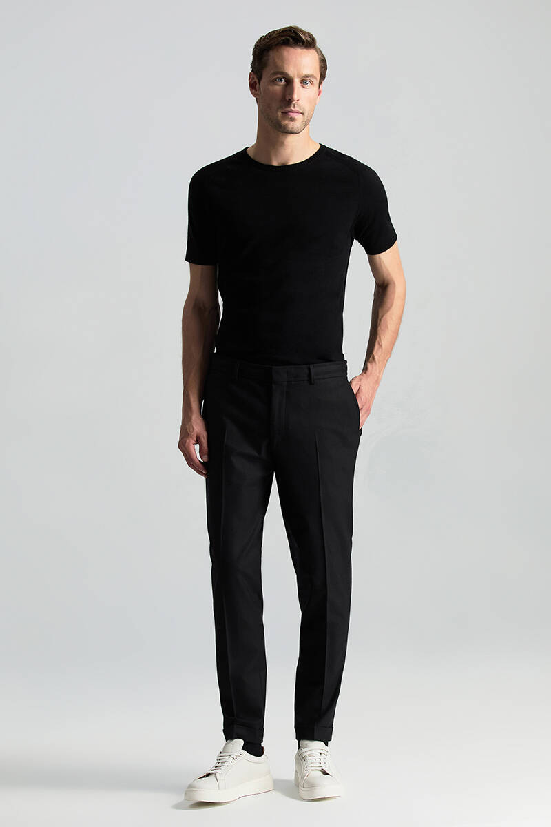 Beli Bağcıklı Siyah Yün Chino Jogger Pantolon