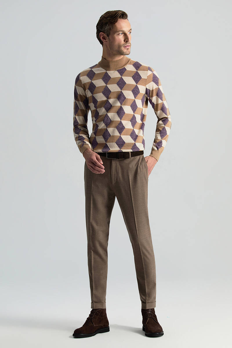 Beli Bağcıklı Tütün Rengi Yün Chino Jogger Pantolon