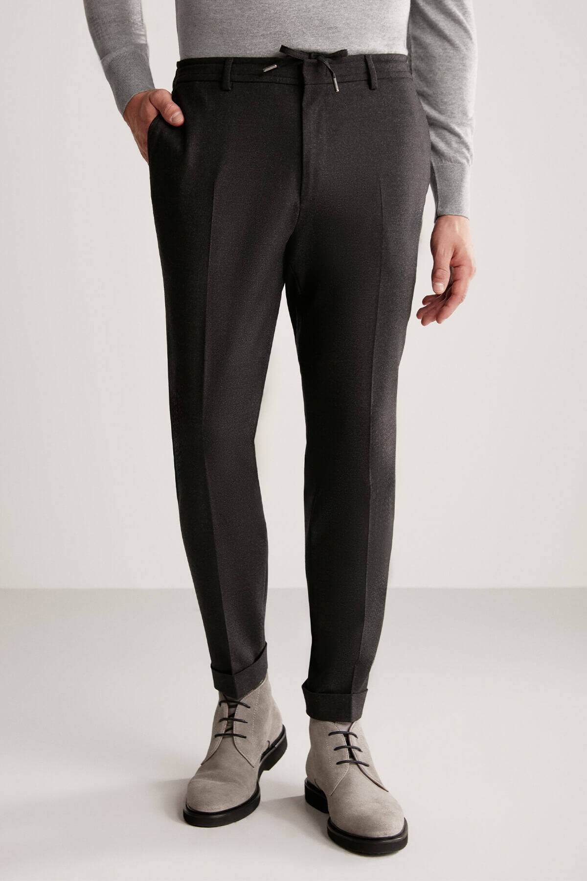 Beli Lastikli Antrasit Yün Jogger Flanel Pantolon