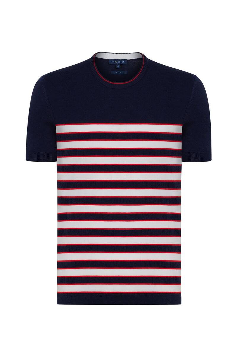 Hemington Beyaz Çizgi Desenli Bisiklet Yaka Lacivert Triko T-Shirt. 8 Hemington Beyaz Çizgi Desenli Bisiklet Yaka Lacivert Triko T-Shirt. 8