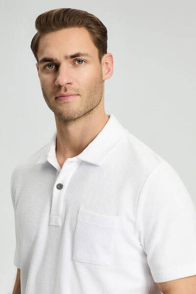 Beyaz Havlu Kumaş Polo Yaka T-Shirt - Hemington