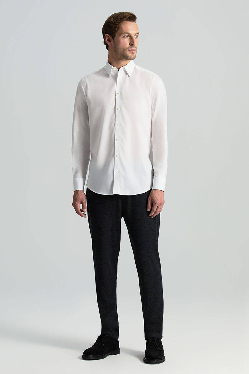 Kuş Gözü Dokulu Non-Iron Business Gizli Düğme Beyaz Gömlek