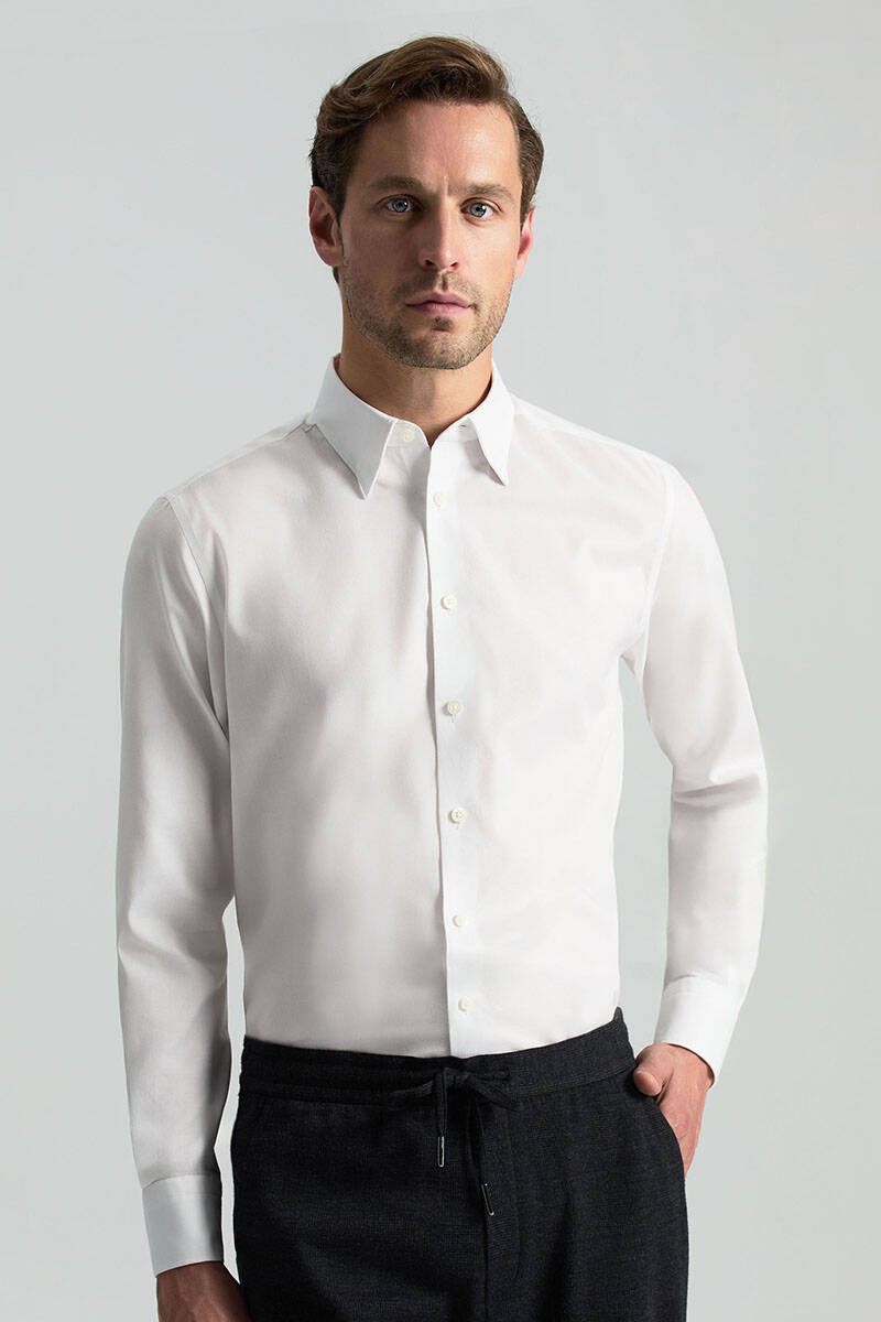 Kuş Gözü Dokulu Non-Iron Business Gizli Düğme Beyaz Gömlek