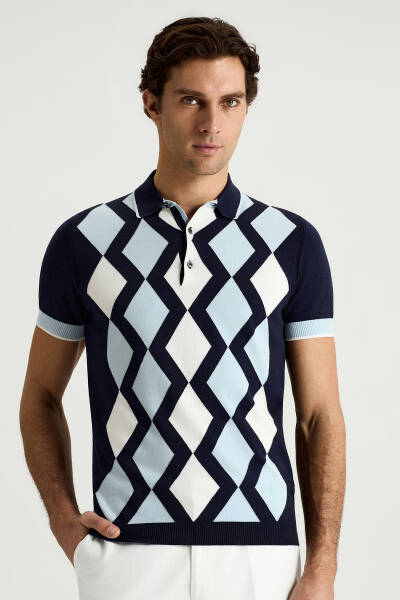 Lacivert Beyaz Argyle Desen Triko Polo - Hemington