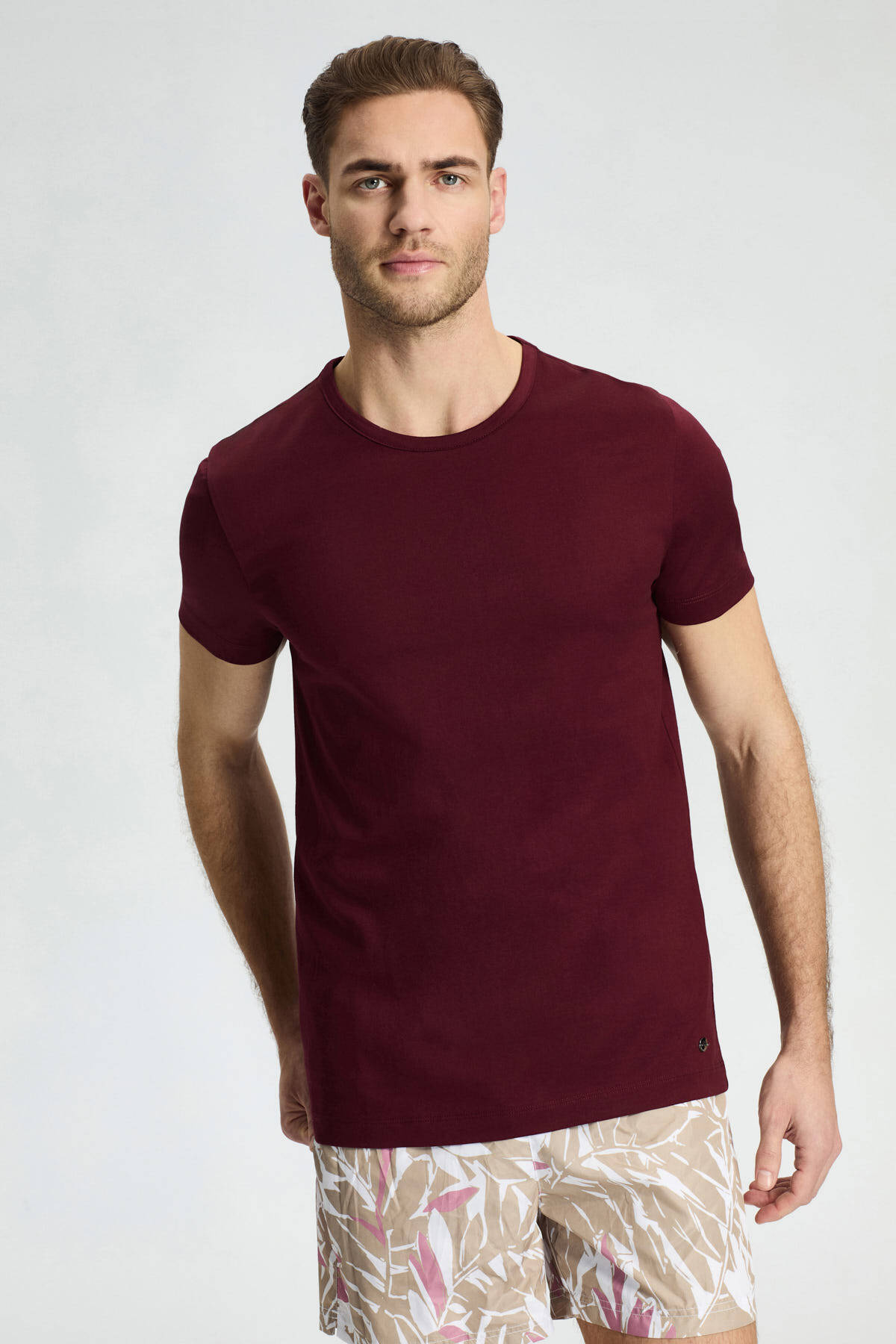 Bisiklet Yaka Bordo Basic T-Shirt