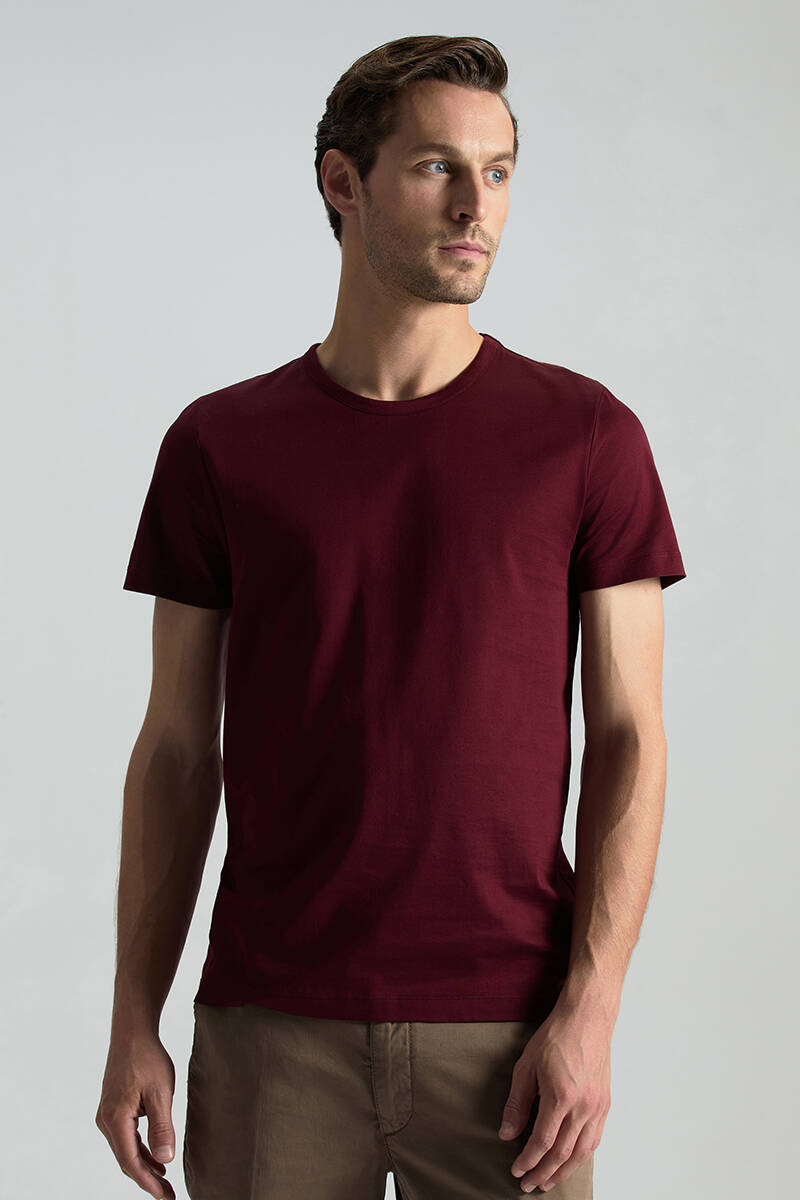 Bisiklet Yaka Bordo Basic T-Shirt