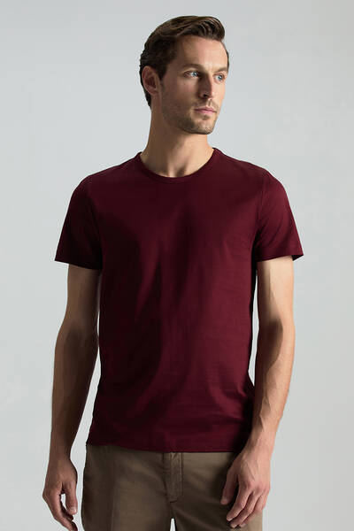 Bisiklet Yaka Bordo Basic T-Shirt