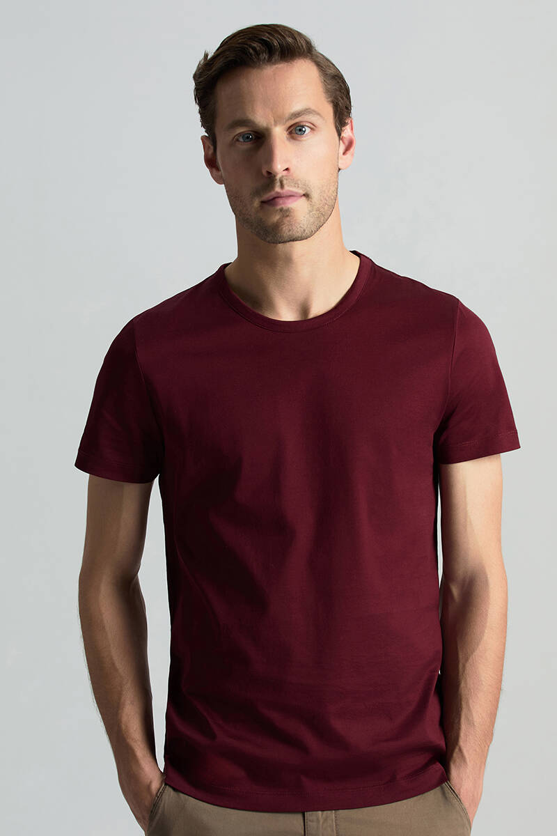Bisiklet Yaka Bordo Basic T-Shirt