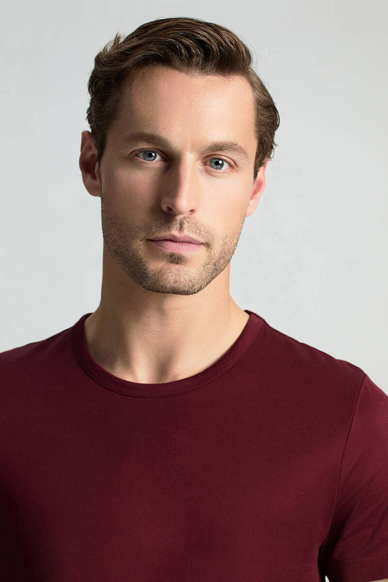 Bisiklet Yaka Bordo Basic T-Shirt