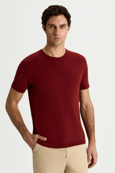 Bisiklet Yaka Bordo Giza Pamuk Triko T-Shirt