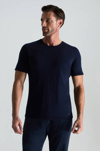 Bisiklet Yaka Lacivert Giza Pamuk Triko T-Shirt