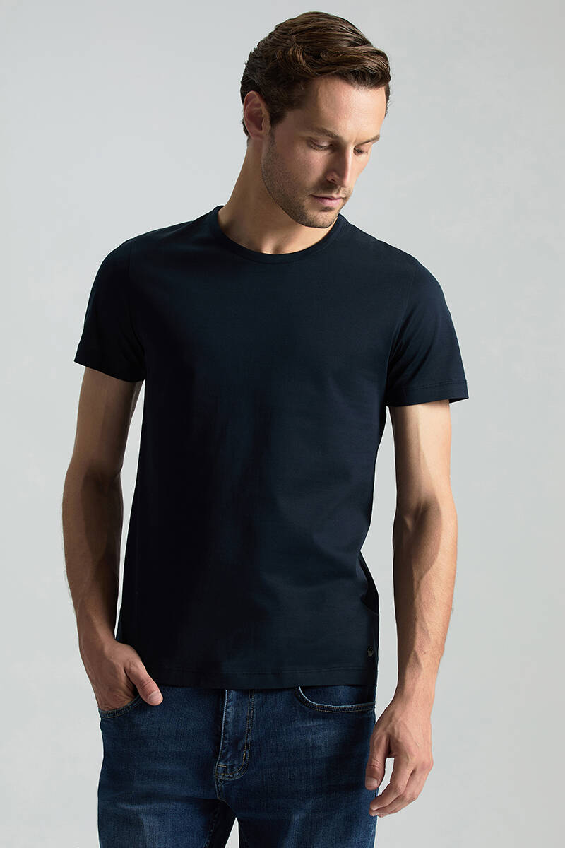 Bisiklet Yaka Lacivert Basic T-Shirt