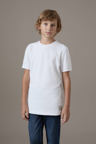Bisiklet Yaka Rahat Resim Saf Pamuk Beyaz Çocuk T-Shirt - Hemington
