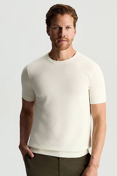 Bisiklet Yaka Saf Pamuk Beyaz Triko T-Shirt - Hemington