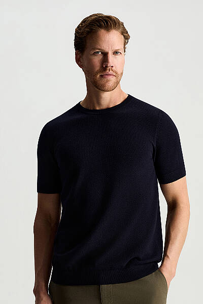Bisiklet Yaka Saf Pamuk Lacivert Triko T-Shirt - Hemington
