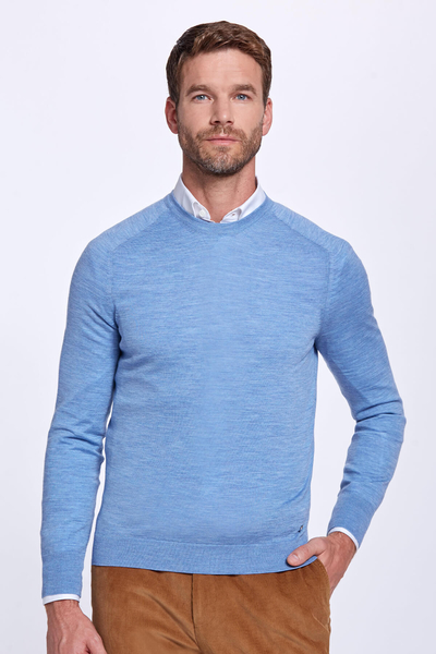 Bisiklet Yaka Slim Fit Buz Mavisi Merino Yün Triko