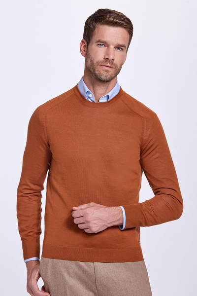 Bisiklet Yaka Slim Fit Merino Yün Camel Triko