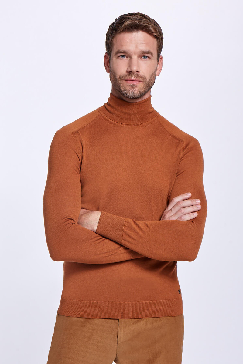 Hemington Boğazlı Slim Fit Karamel Rengi Merino Yün Triko. 1