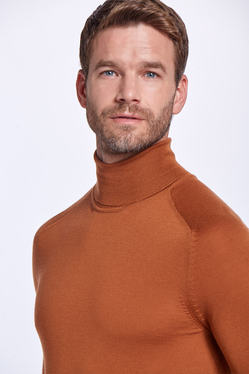 Hemington Boğazlı Slim Fit Karamel Rengi Merino Yün Triko. 3 Hemington Boğazlı Slim Fit Karamel Rengi Merino Yün Triko. 3