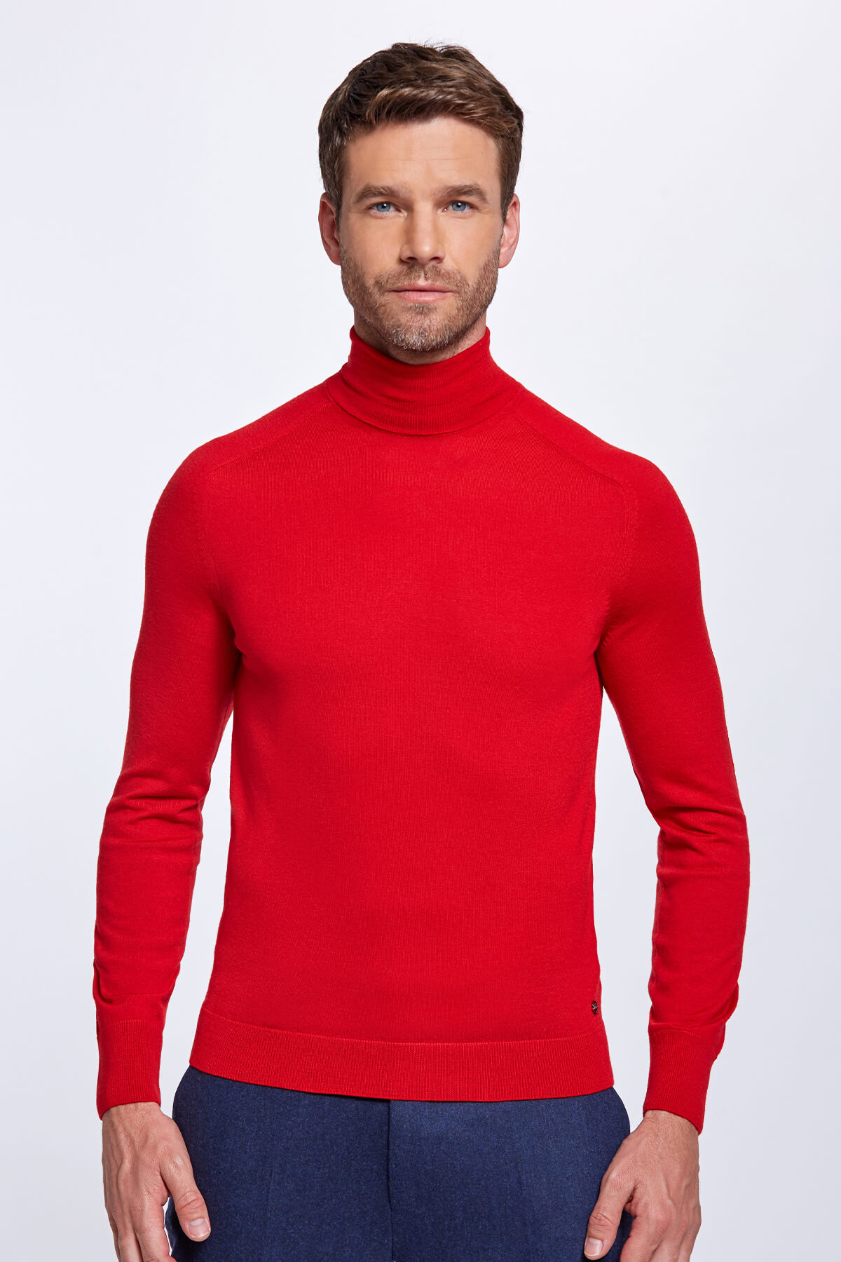 Boğazlı Slim Fit Merino Yün Kırmızı Triko