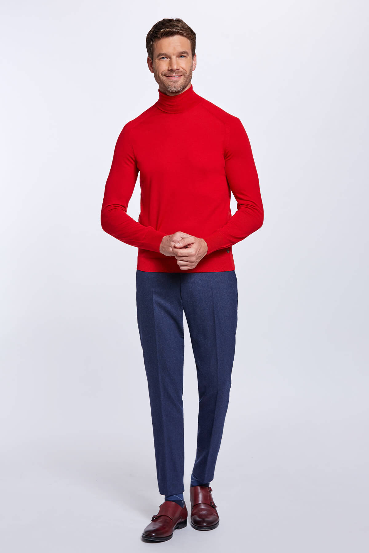 Boğazlı Slim Fit Merino Yün Kırmızı Triko