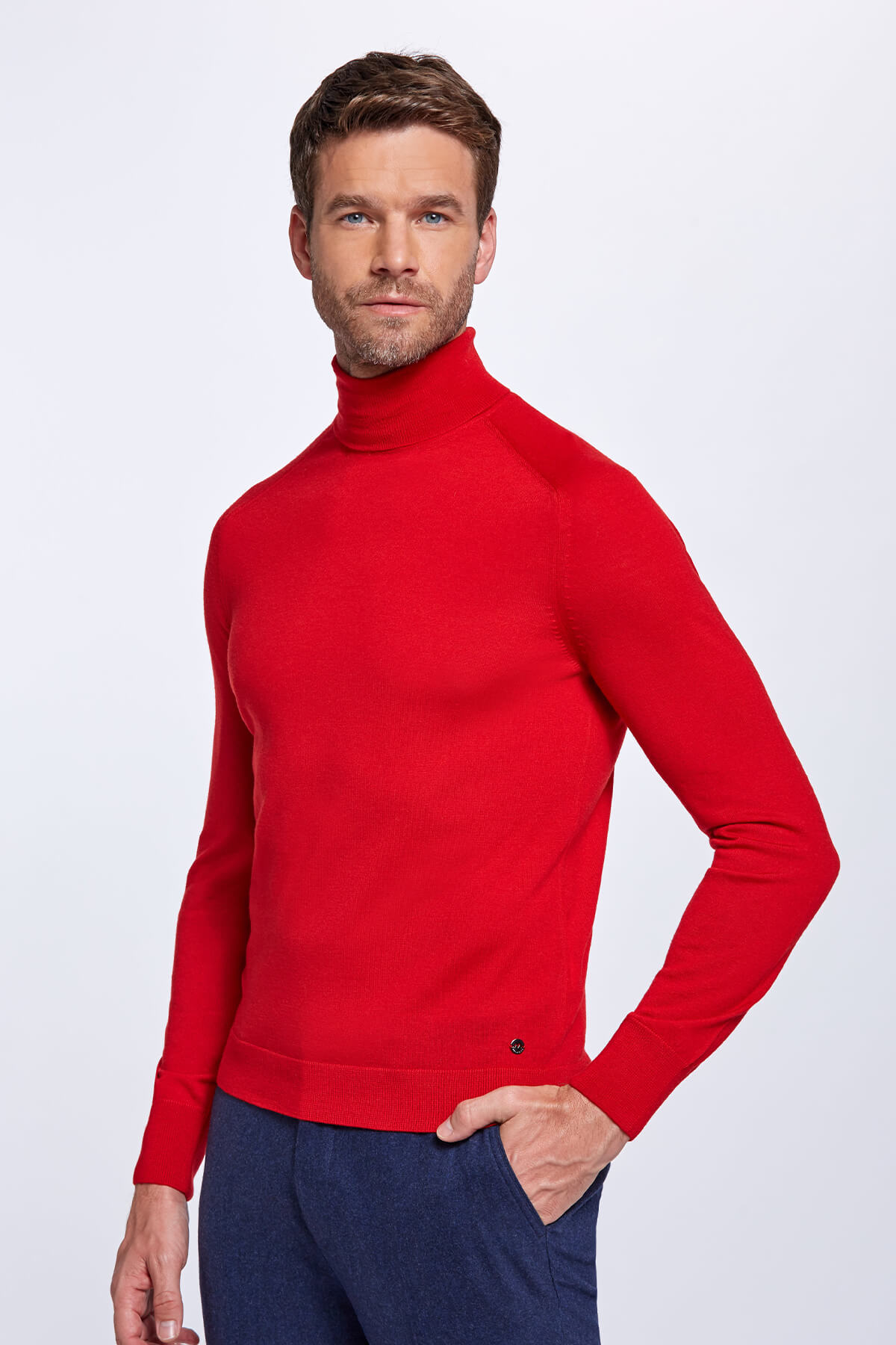 Boğazlı Slim Fit Merino Yün Kırmızı Triko