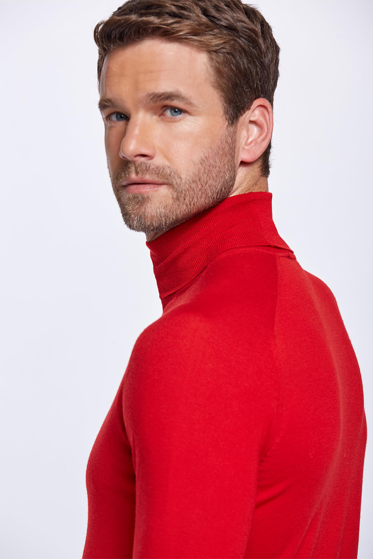 Boğazlı Slim Fit Merino Yün Kırmızı Triko