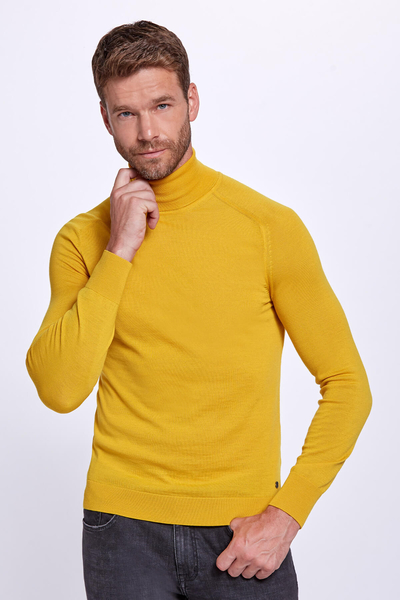 Boğazlı Slim Fit Merino Yün Sarı Triko