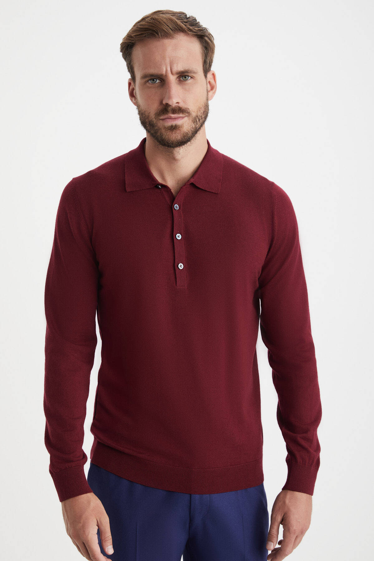 Extrafine Merino Polo Yaka Bordo Triko