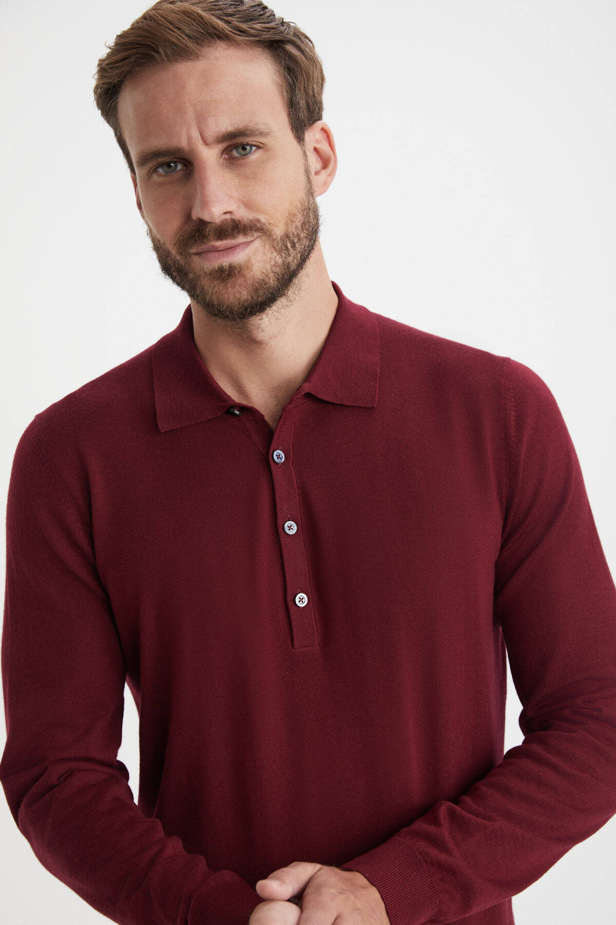 Extrafine Merino Polo Yaka Bordo Triko