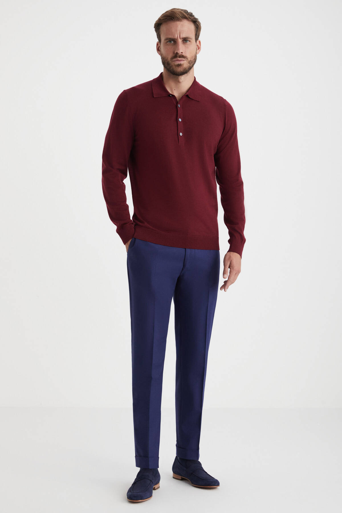 Extrafine Merino Polo Yaka Bordo Triko