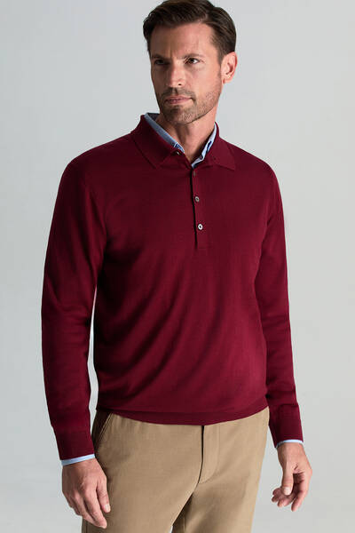 Extrafine Merino Polo Yaka Bordo Triko - Hemington