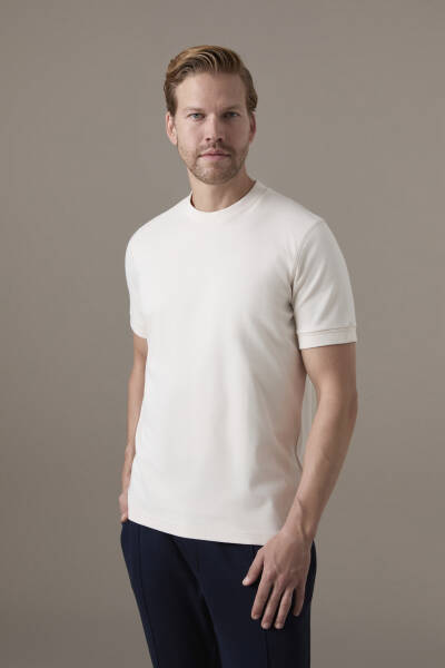 Brushed Pamuk Rahat Kesim Bisiklet Yaka Bej T-Shirt - Hemington