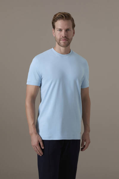 Brushed Pamuk Rahat Kesim Bisiklet Yaka Mavi T-Shirt - Hemington