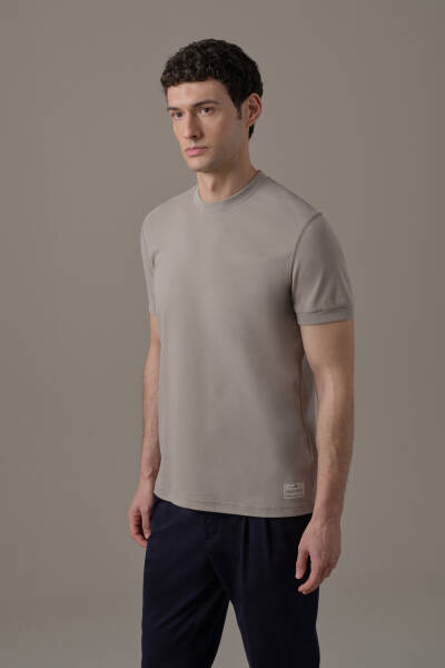 Brushed Pamuk Rahat Kesim Bisiklet Yaka Vizon Rengi T-Shirt - Hemington