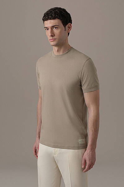 Brushed Pamuk Rahat Kesim Bisiklet Yaka Vizon Rengi T-Shirt - Hemington