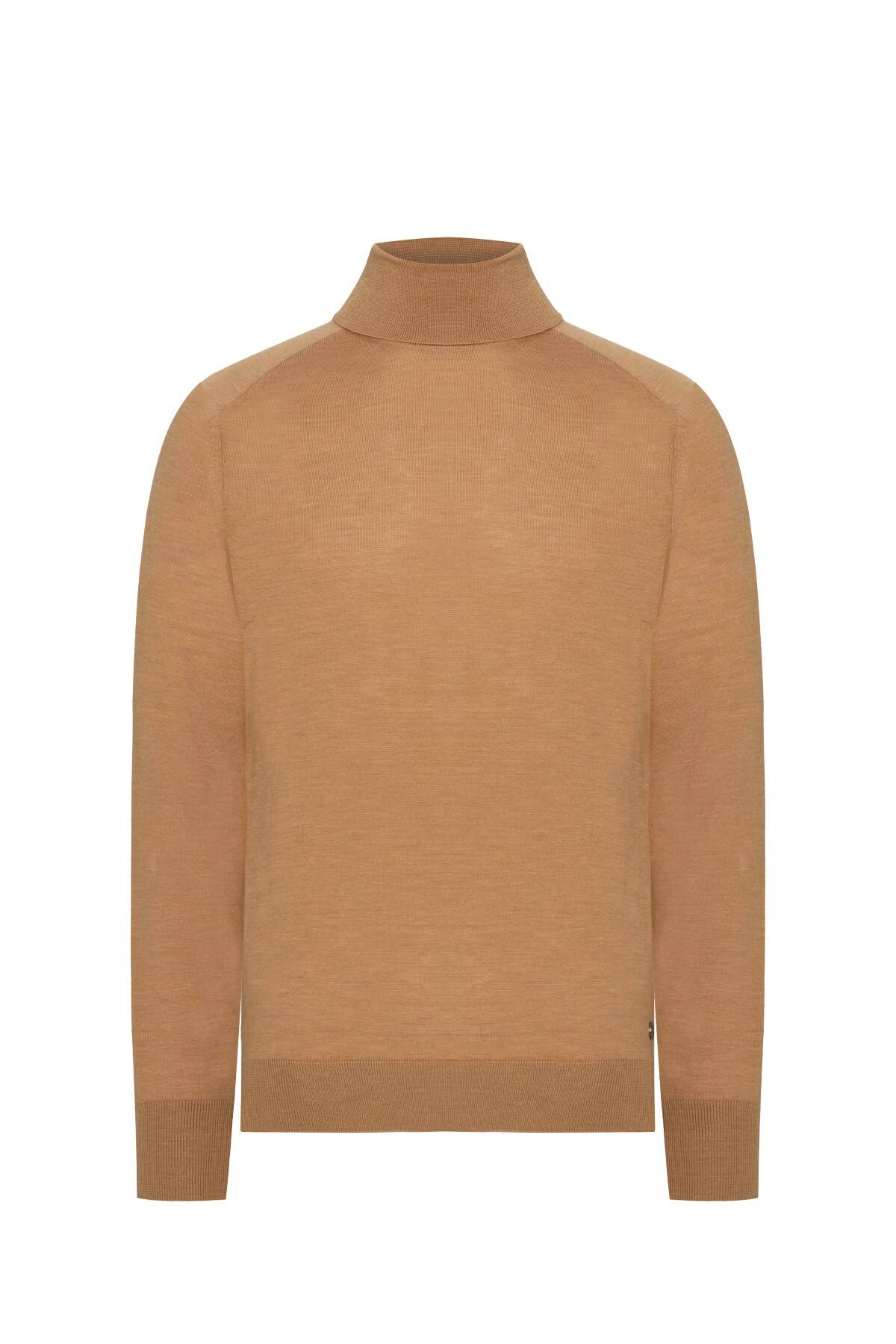 Camel Boğazlı Slim Fit Merino Yün Triko